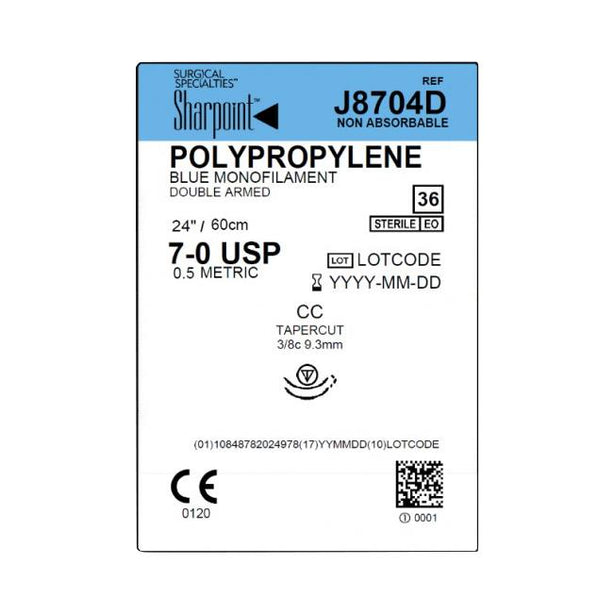 SURGICAL SPECIALTIES Monofilament Sharpoint Plus Polypropylene Suture, 7-0 Blue 1 x 24" BV-1 Double Armed - J8704D - 36 Each