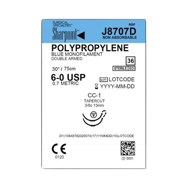 Surgical Specialties Sutures: Suture, Monofilament Polypopylene Suture, BV-1, 9.3 mm, Lenght Needle, Ss, 3/8" Circle, Taper Point, 7-0, Blue Suture, 45 cm Suture Length J8707D - 36.0 Each - MDL-SUSJ8707D