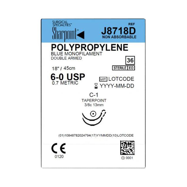 SURGICAL SPECIALTIES Monofilament Polypropylene Sharpoint Plus Poly propylene Suture, 6-0, C-1, 13 mm, Blue, Taperpoint - J8718D - 36 Each