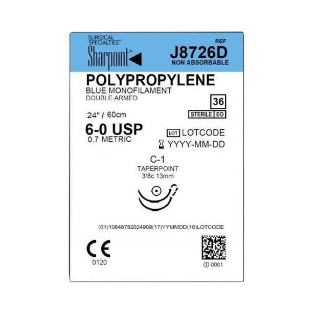SURGICAL SPECIALTIES Monofilament Sharpoint Plus Polypropylene Suture, 6-0 Blue 1 x 24" C-1 Double Armed - J8726D - 36 Each