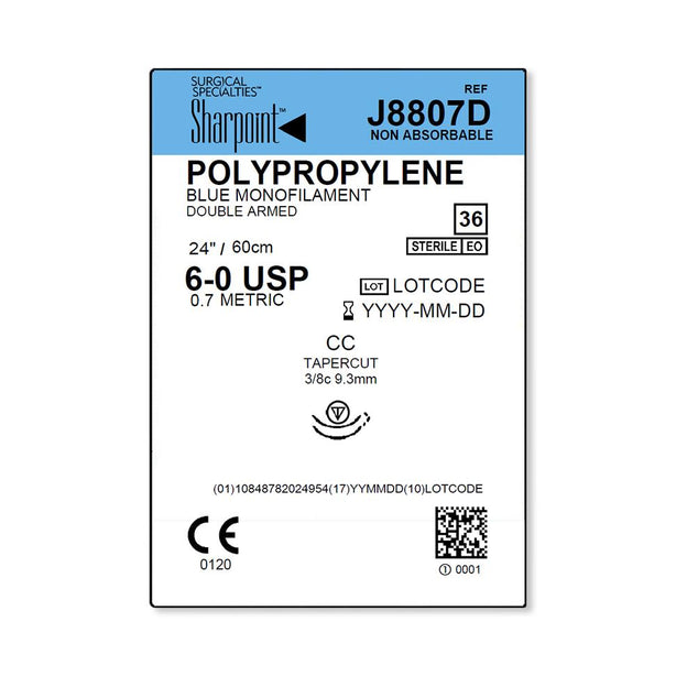 SURGICAL SPECIALTIES Monofilament Sharpoint Plus Polypropylene Suture, 6-0 Blue 1 x 24" BV-1 Double Armed - J8807D - 36 Each