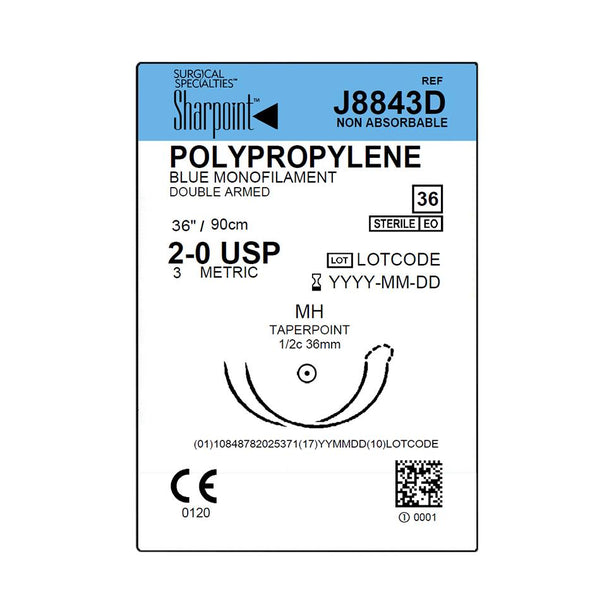 SURGICAL SPECIALTIES Monofilament Suture, Polypropylene, 2-0, MH, 36", Blue, Double Arm - J8843D - 36 Each