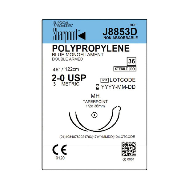SURGICAL SPECIALTIES Monofilament Sharpoint Plus Polypropylene Suture, 2-0 Blue 1 x 48" MH Double Armed - J8853D - 36 Each