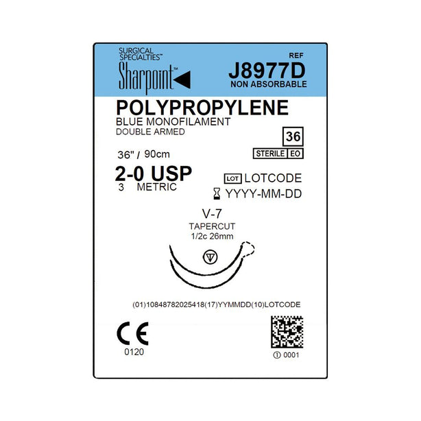 SURGICAL SPECIALTIES Monofilament Sharpoint Plus Polypropylene Suture, 2-0 Blue 1 x 36" V-7 Double Armed - J8977D - 36 Each