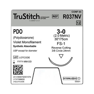Surgical Specialties Mono Trustitch PDO Veterinary Suture, 3-0 Violet 30", FS-1 Reverse Cutting, 24 mm, 3/8" Circle - R037NV - 12 Each