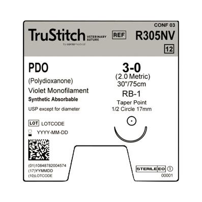 Surgical Specialties Monofilament Trustitch Pdo Veterinary Suture, 3-0 Violet 30", RB-1 Taper Point, 18 mm, 1/2" Circle - R305NV - 12 Each