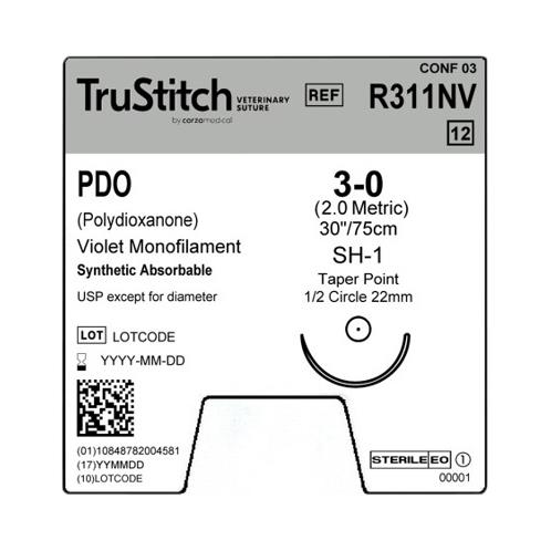 Surgical Specialties Monofilament Trustitch Pdo Veterinary Suture, 3-0 Violet 30", SH-1 Taper Point, 22 mm, 1/2" Circle - R311NV - 12 Each