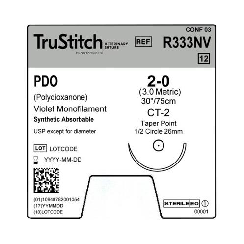 Surgical Specialties Monofilament Trustitch Pdo Veterinary Suture, 2-0 Violet 30", CT-2 Taper Point, 26.5 mm, 1/2" Circle - R333NV - 12 Each