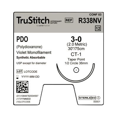 Surgical Specialties Monofilament Trustitch Pdo Veterinary Suture, 3-0 Violet 30", CT-1 Taper Point, 36.6 mm, 1/2" Circle - R338NV - 12 Each