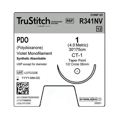 Surgical Specialties Monofilament Trustitch Pdo Veterinary Suture, 1-0 Violet 30", CT-1 Taper Point, 36.6 mm, 1/2" Circle - R341NV - 12 Each