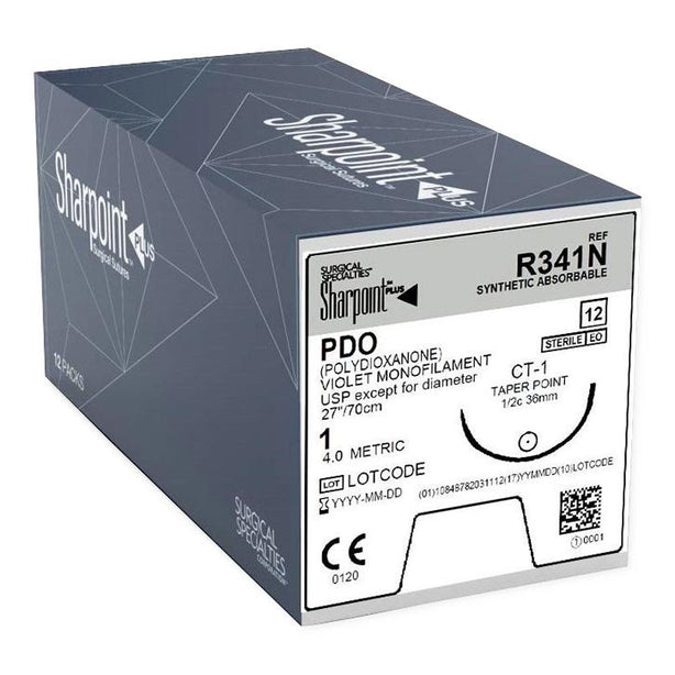 Surgical Specialties Monofilament Pdo Violet Absorbable Suture with 36 mm 1/2 Circle Taper Point CT-1 Needle, 70 cm Long, Size 1 - R341N - 12 Each