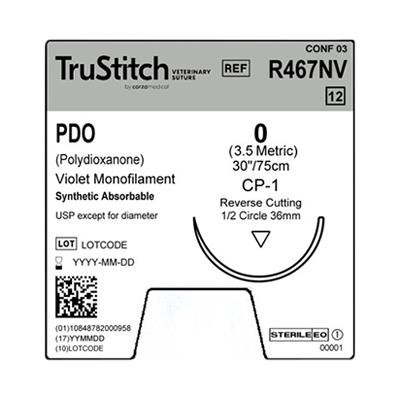 Surgical Specialties Mono Trustitch PDO Veterinary Suture, 0 Violet 30", CP-1 Reverse Cutting, 37 mm, 1/2" Circle - R467NV - 12 Each