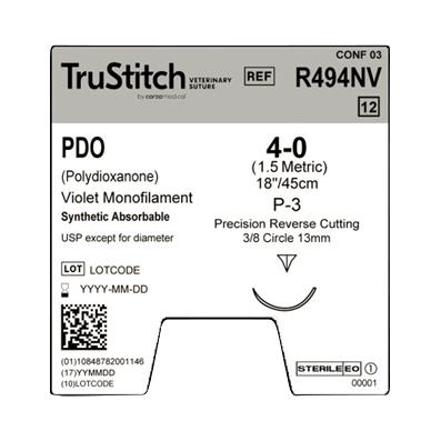Surgical Specialties Monofilament Trustitch Pdo Veterinary Suture, 4-0 Violet 18", P-3 Precision Reverse Cutting, 13 mm, 3/8" Circle - R494NV - 12 Each