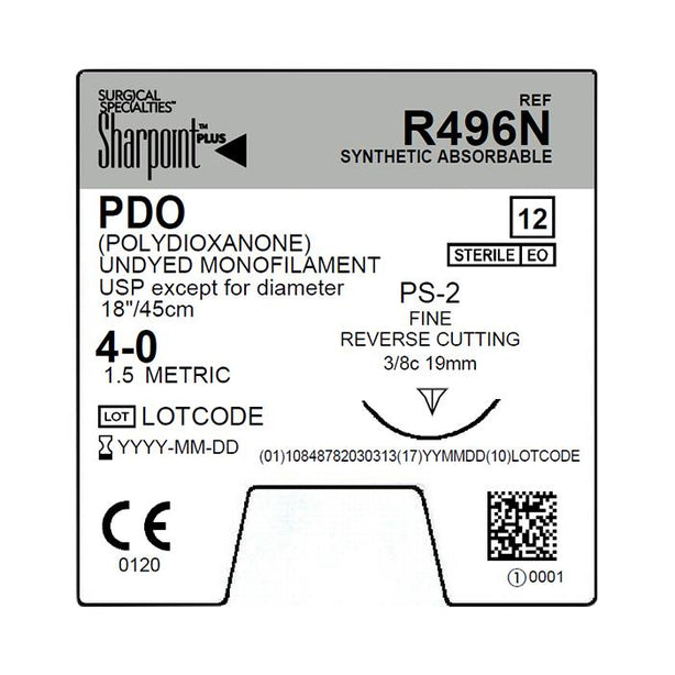 Surgical Specialties Sharpoint Violet Monofilament Fine Reverse-Cutting PDO Suture, PS-2, Size 4-0, 18", 19mm, PS-2, 3/8 Circle, Undyed - R496N - 12 Each
