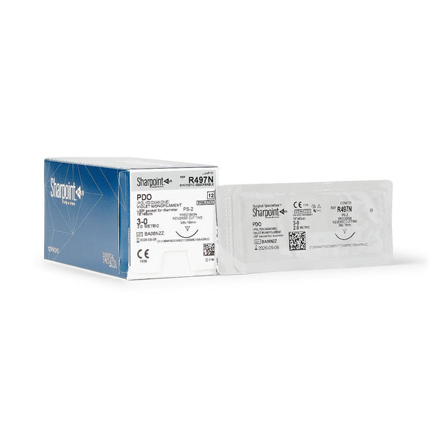 Surgical Specialties Sharpoint Violet Monofilament Fine Reverse-Cutting PDO Suture, PS-2, Size 3-0, 18", 19mm, PS-2, 3/8 Circle - R497N - 12 Each