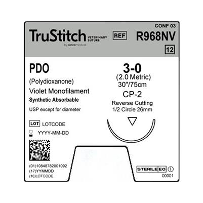 Surgical Specialties Monofilament Trustitch Pdo Veterinary Suture, 3-0 Violet 30", CP-2 Reverse Cutting, 26 mm, 1/2" Circle - R968NV - 12 Each