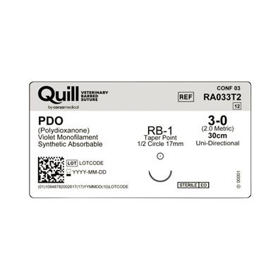 Surgical Specialties Absorb Needld Quill PDO VLP Absorbable Veterinary Suture, 3-0 Violet 30 cm, RB-1 Taper Point, 18 mm, 1/2" Circle - RA033T2 - 12 Each