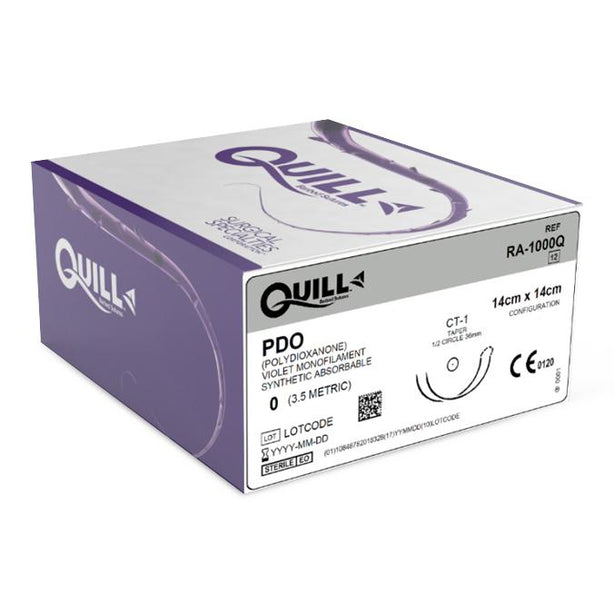Surgical Specialties Quill Barbed PDO Bidirectional Violet Absorbable Suture with 36 mm 1/2 Circle Taper Point CT-1 Needle, 14 x 14 cm Long, Size 0 - RA-1000Q - 12 Each