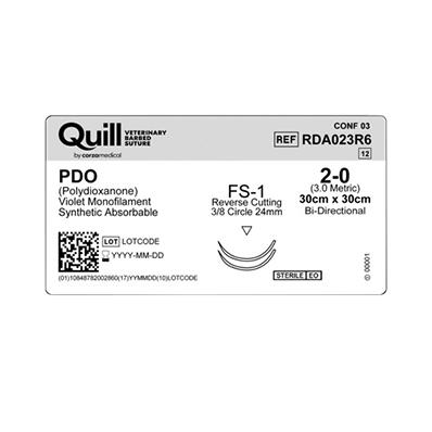 Surgical Specialties Bidrectional Absorb Needld Quill PDO Bidirectional Veterinary Suture, 2-0 Violet 30 cm x 30 cm, FS-1 Reverse Cutting, 24 mm, 3/8" Circle - RDA023R6 - 12 Each