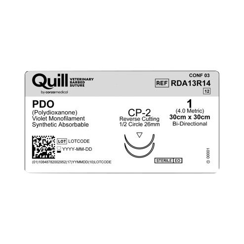 Surgical Specialties Bidrectional Absorb Needld Quill PDO Bidirectional Veterinary Suture, 1-0 Violet 30 cm x 30 cm, CP-2 Reverse Cutting, 26 mm, 1/2" Circle - RDA13R14 - 12 Each