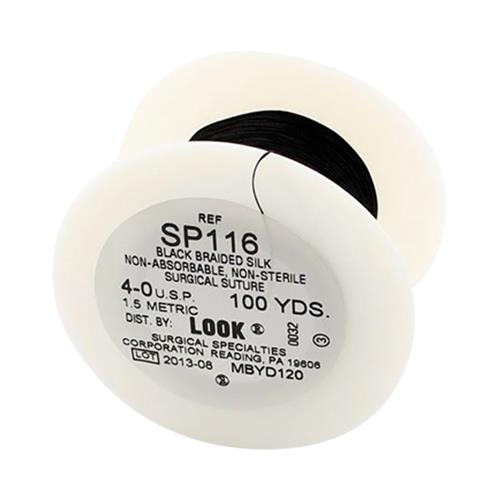Surgical Specialties Black Braided Silk Suture, Spool, 100 yd., No Needle, Size 4-0 - SP116 - 1 Each