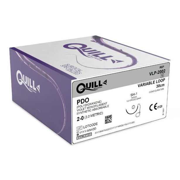 Surgical Specialties Quill Barbed PDO Variable Loop Violet Absorbable Suture with 22 mm 1/2 Circle Taper Point SH-1 Needle, 30 cm Long, Size 2-0 - VLP-2002 - 12 Each
