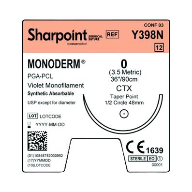 Surgical Specialties Monocryl Absorbable Needled Sharpoint Plus Suture, Monoderm 0 Violet 1x36" CTX - Y398N - 12 Each
