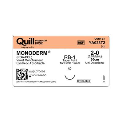 Surgical Specialties Absorb Needld Quill VLP Monoderm Veterinary Suture, Absorbable, 2-0 Violet 30 cm, RB-1 Taper Point, 18 mm, 1/2" Circle - YA023T2 - 12 Each