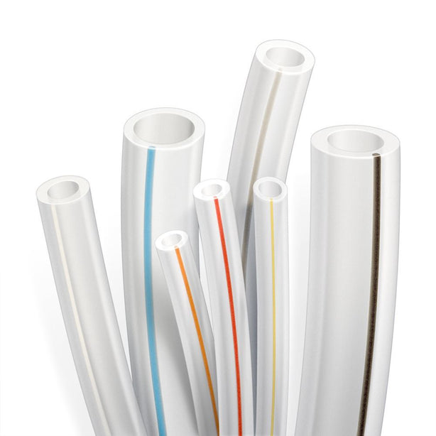 TuFlux TPE Tubing, White Stripe - 60A Durometer; 3/8 inch ID x 5/8 inch OD (0.375 inch x 0.625 inch, 9.53 mm x 15.88 mm) x 164 ft coil (50 m) - T2403