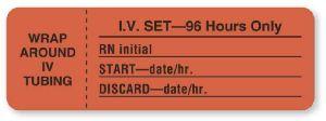 United Ad "Wrap Around IV Tubing - IV Set - 96 Hours Only" Label, Fluorescent Red, 3" x 1", 885 per Roll - IV415 - 1 Each