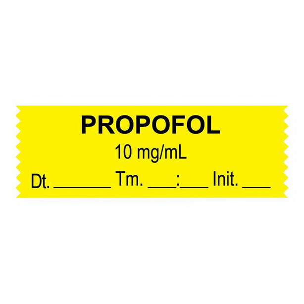 UNITED AD Anesthesia Tape Labels, 1-1/2" x 1/2", Propofol 10 mg/mL, Yellow, 500"/Roll - ULTJ01010-D - 1 Each
