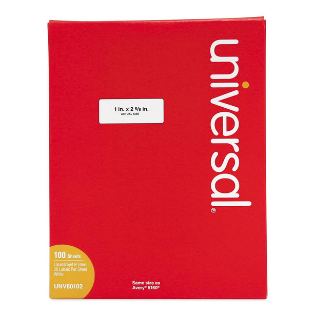 Universal Office Inkjet or Laser Printer Permanent Labels, 1" x 2-5/8", White - UNV80102