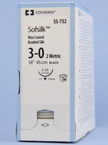 Medtronic Sofsilk Suture, Black, Size 3/0, 18", C-23 Needle - SS-732 - 36 Each
