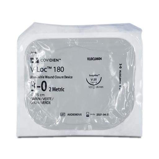Medtronic Suture V-LOC 180 Absorbable Wound Closure Device, Green, Size 3-0, 6" Long, V-20 Needle - VLOCL0604 - 12 Each