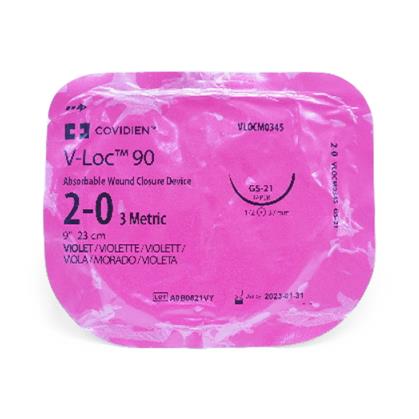 Medtronic Sutures V-LOC 90 Absorbable Wound Closure Device, Violet, Size 2-0, 9" Long, GS-21 Needle - VLOCM0345 - 12 Each