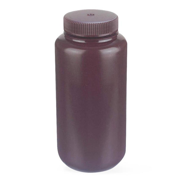 Dwk Life Sciences Wheaton Natural Color Starlin Wide-Mouth Round HDPE Plastic Bottle with Attached Cap and No-Drip Pour Lip, Amber, 1,000 mL - WTS209630