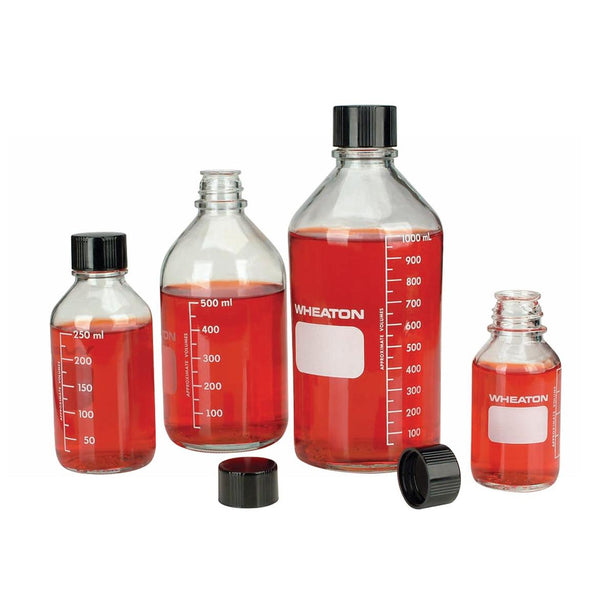 DWK Wheaton 1 Type I Borosilicate Glass Media Bottle with Black Phenolic Cap with Rubber Liner, Clear, 250 mL - 219757 - 48 Each