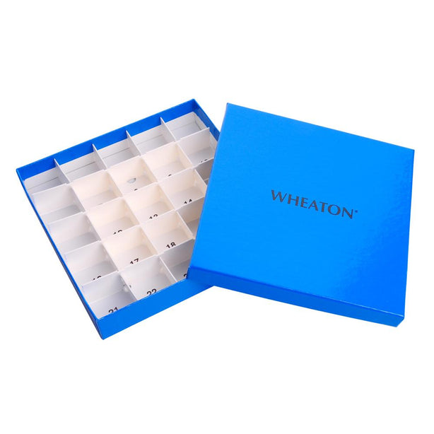 Wheaton CryoFILE Water-Repellent Tissue Vial Storage Boxes, Blue, 25 Compartments for 50 Vials, 1" x 5" x 1" (130 x 130 x 25 mm) - W651610-B - 15 Each