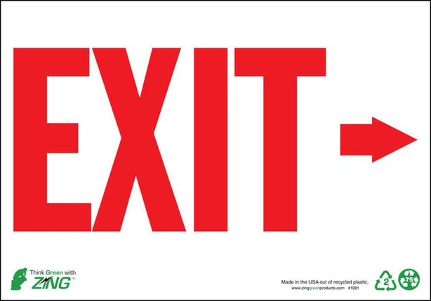 Zing Enterprises Exit Sign with Right Arrow, Glow-in-the-Dark Plastic, 7" x 10" - 1081G - 1 Each