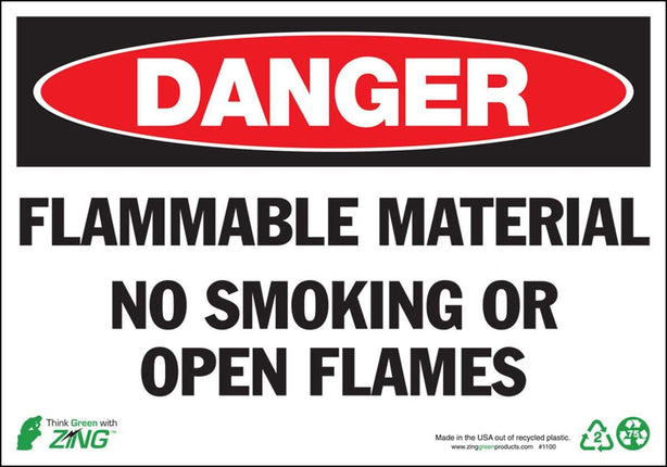 Zing Enterprises Eco Safety Sign, Danger Flammable Material No Smoking Or Open Flames, Self Adhesive, 10" W x 7" H - 1100S - 1 Each