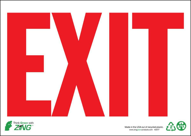 Zing Enterprises Exit Sign with Red Lettering on White, Plastic, 10" x 14" - 2077 - 1 Each