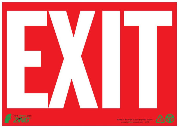 Zing Enterprises Exit Sign with White Lettering on Red, Glow-in-the-Dark Plastic, 10" x 14" - ZIG2078G