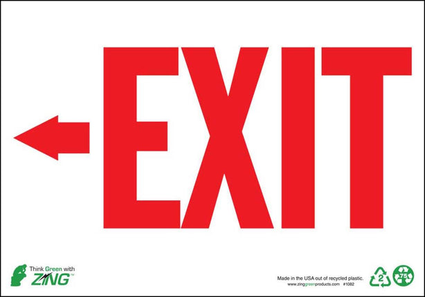 Zing Enterprises Exit Sign with Left Arrow, Glow-in-the-Dark Plastic, 10" x 14" - 2082G - 1 Each
