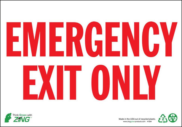 Zing Enterprises Emergency Exit Only Sign with Red Lettering on White, Glow-in-the-Dark Plastic, 10" x 14" - 2084G - 1 Each