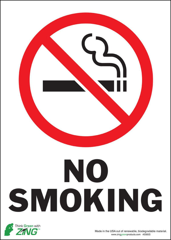 Zing Enterprises Eco No Smoking Sign, No Smoking, Adhesive Label, 10" W x 14" H - 2085S - 1 Each
