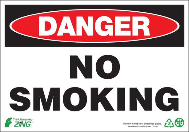 Zing Enterprises Eco Safety Sign, Danger No Smoking, Self Adhesive, 14" W x 10" H - 2109S - 1 Each