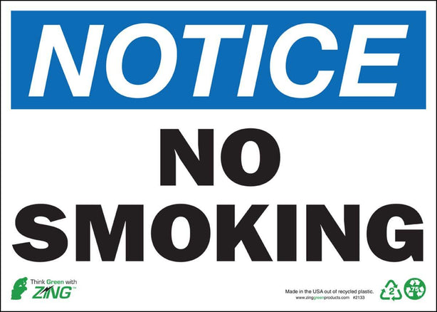 Zing Enterprises Eco Safety Sign, Notice No Smoking, Self Adhesive, 14" W x 10" H - ZIG2133S