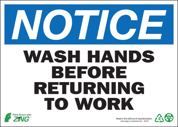Zing Enterprises Eco Safety Sign, Notice Wash Hands Before Returning to Work, Plastic, 14" W x 10" H - 2137 - 1 Each