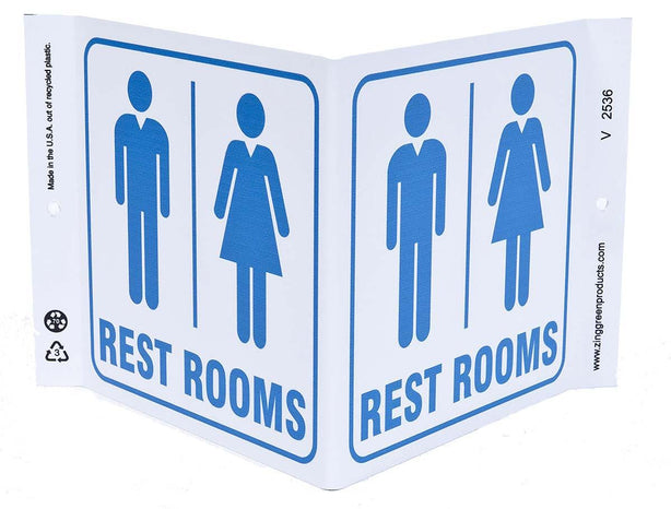 Zing Enterprises V and L Projecting Safety / Public Facility Sign, Restrooms, V-Shaped, Plastic, 12" W x 7" H x 5" D - ZIG2536