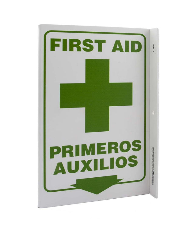 Zing Enterprises V and L Projecting Safety / Public Facility Sign, First Aid Bilingual, L-Shaped, Plastic, 2.5" W x 11" H x 8" D - ZIG2621